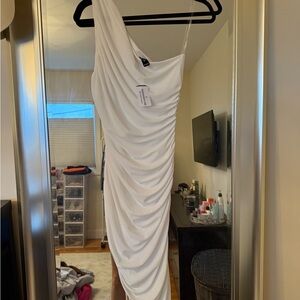 Windsor White One-Shoulder Asymmetrical Ruched Dress